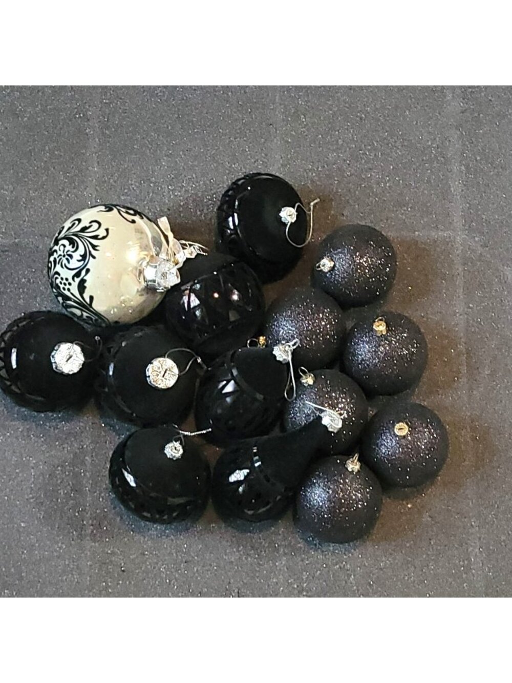 Ornaments Set 14 With Black Texture Velvet & Glitter Intricate Pattern Christmas